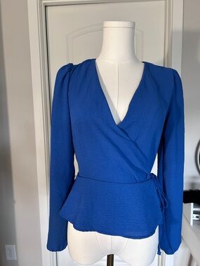 Olive & Oak Cobalt Wrap Peplum Blouse